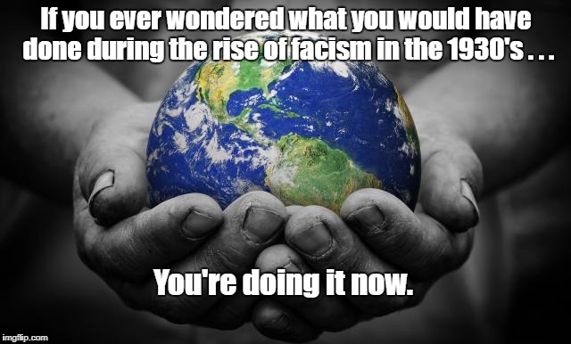 World in Hand | If you ever wondered what you would have done during the rise of facism in the 1930's . . . You're doing it now. | image tagged in political | made w/ Imgflip meme maker