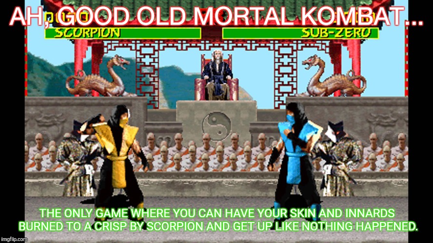 Mortal Kombat 1 SNES | AH, GOOD OLD MORTAL KOMBAT... THE ONLY GAME WHERE YOU CAN HAVE YOUR SKIN AND INNARDS BURNED TO A CRISP BY SCORPION AND GET UP LIKE NOTHING HAPPENED. | image tagged in mortal kombat 1 snes | made w/ Imgflip meme maker