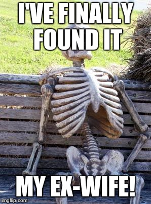 Waiting Skeleton | I'VE FINALLY FOUND IT; MY EX-WIFE! | image tagged in memes,waiting skeleton | made w/ Imgflip meme maker