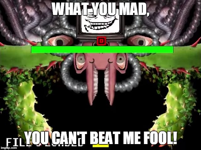 Omega Flowey Troll Face | WHAT YOU MAD, YOU CAN'T BEAT ME FOOL! | image tagged in omega flowey troll face | made w/ Imgflip meme maker