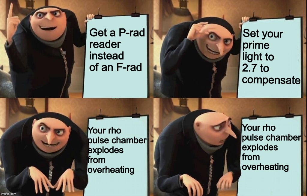 Gru's Plan Meme | Set your prime light to 2.7 to compensate; Get a P-rad 
reader instead 
of an F-rad; Your rho pulse chamber explodes from overheating; Your rho pulse chamber explodes from overheating | image tagged in despicable me diabolical plan gru template | made w/ Imgflip meme maker