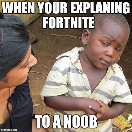 Third World Skeptical Kid Meme | WHEN YOUR EXPLANING  FORTNITE; TO A NOOB | image tagged in memes,third world skeptical kid | made w/ Imgflip meme maker