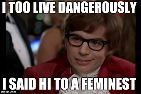 I Too Like To Live Dangerously Meme | I TOO LIVE DANGEROUSLY; I SAID HI TO A FEMINEST | image tagged in memes,i too like to live dangerously | made w/ Imgflip meme maker