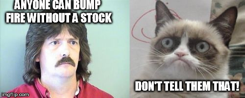 Grumpy Cat's Father Meme | ANYONE CAN BUMP FIRE WITHOUT A STOCK; DON'T TELL THEM THAT! | image tagged in memes,grumpy cats father,grumpy cat | made w/ Imgflip meme maker