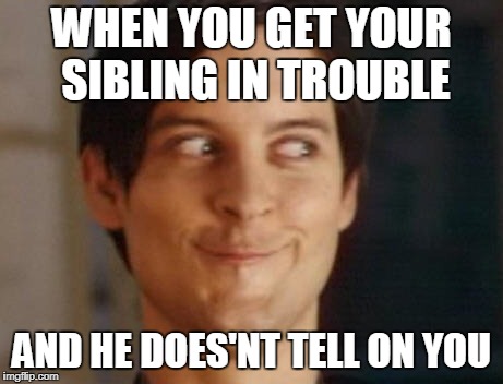 Spiderman Peter Parker | WHEN YOU GET YOUR SIBLING IN TROUBLE; AND HE DOES'NT TELL ON YOU | image tagged in memes,spiderman peter parker | made w/ Imgflip meme maker