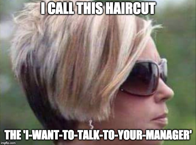 How dare you?! | I CALL THIS HAIRCUT; THE 'I-WANT-TO-TALK-TO-YOUR-MANAGER' | image tagged in sheltering suburban mom,suburn,hair cut | made w/ Imgflip meme maker