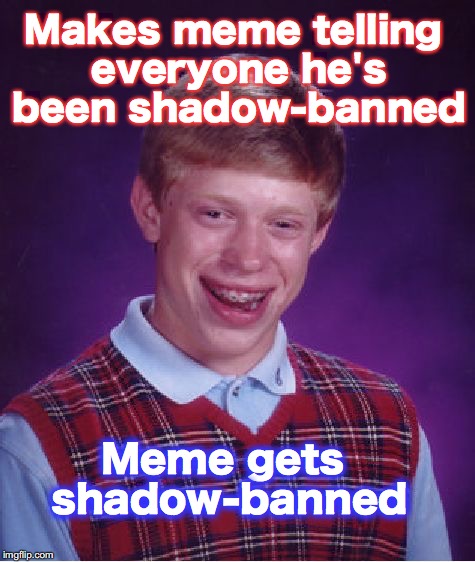 Bad Luck Brian Meme | Makes meme telling everyone he's been shadow-banned; Meme gets shadow-banned | image tagged in memes,bad luck brian | made w/ Imgflip meme maker