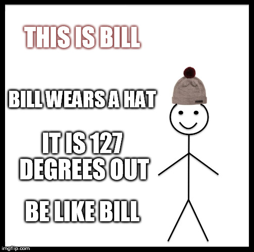 Be Like Bill | THIS IS BILL; BILL WEARS A HAT; IT IS 127 DEGREES OUT; BE LIKE BILL | image tagged in memes,be like bill | made w/ Imgflip meme maker