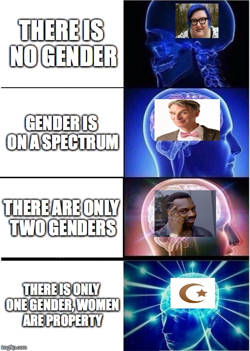 Now I just gotta wit for upvotes and comments to roll in... | THERE IS NO GENDER; GENDER IS ON A SPECTRUM; THERE ARE ONLY TWO GENDERS; THERE IS ONLY ONE GENDER, WOMEN ARE PROPERTY | image tagged in memes,expanding brain,funny,gender,transgender,islam | made w/ Imgflip meme maker
