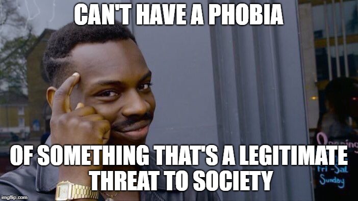 Roll Safe Think About It Meme | CAN'T HAVE A PHOBIA OF SOMETHING THAT'S A LEGITIMATE THREAT TO SOCIETY | image tagged in memes,roll safe think about it | made w/ Imgflip meme maker