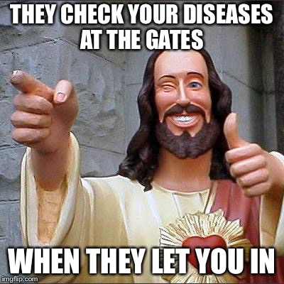 Jesus | THEY CHECK YOUR DISEASES AT THE GATES WHEN THEY LET YOU IN | image tagged in jesus | made w/ Imgflip meme maker