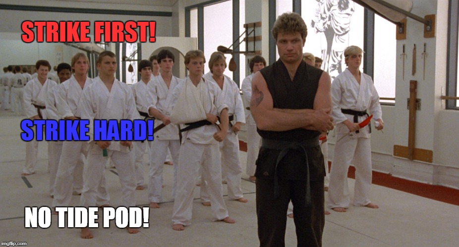 I think it is time to open up some Cobra Kai chains and teach this generation of Tide pod eaters how to be a man. | STRIKE FIRST! STRIKE HARD! NO TIDE POD! | image tagged in cobra kai,tide pods | made w/ Imgflip meme maker