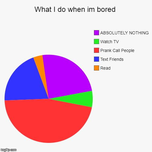What I do when im bored | Read, Text Friends, Prank Call People, Watch TV, ABSOLUTELY NOTHING | image tagged in funny,pie charts | made w/ Imgflip chart maker