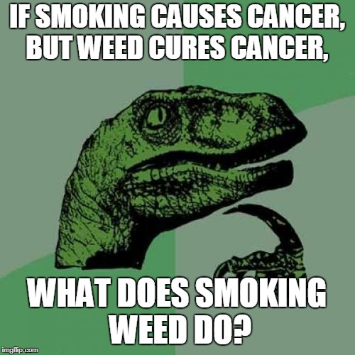 Philosoraptor | IF SMOKING CAUSES CANCER, BUT WEED CURES CANCER, WHAT DOES SMOKING WEED DO? | image tagged in memes,philosoraptor | made w/ Imgflip meme maker