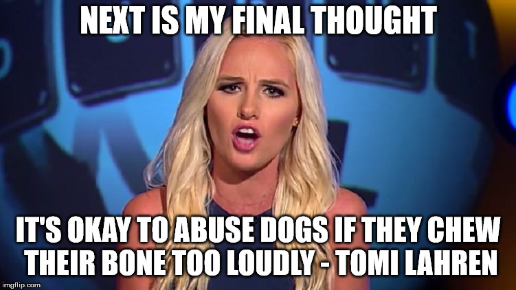 Tomi Lahren | NEXT IS MY FINAL THOUGHT; IT'S OKAY TO ABUSE DOGS IF THEY CHEW THEIR BONE TOO LOUDLY - TOMI LAHREN | image tagged in tomi lahren | made w/ Imgflip meme maker