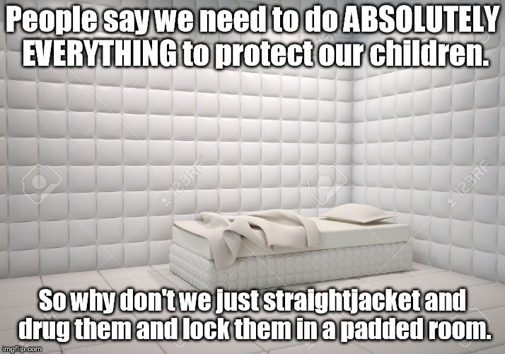 The solitude prevents bullying too! | People say we need to do ABSOLUTELY EVERYTHING to protect our children. So why don't we just straightjacket and drug them and lock them in a padded room. | image tagged in padded room,walk out,gun control | made w/ Imgflip meme maker