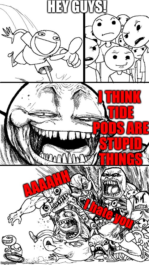 How to Annoy People My Age | HEY GUYS! I THINK TIDE PODS ARE STUPID THINGS; AAAAHH; I hate you | image tagged in troll bait v2,tide pods,memes,troll,annoying people,teenagers | made w/ Imgflip meme maker