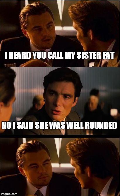 Inception Meme | I HEARD YOU CALL MY SISTER FAT; NO I SAID SHE WAS WELL ROUNDED | image tagged in memes,inception | made w/ Imgflip meme maker