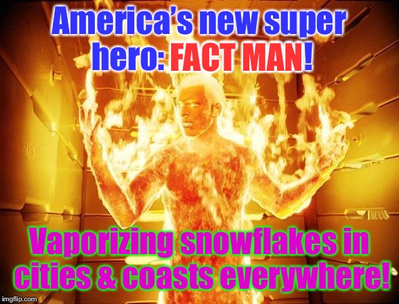 flame on | America’s new super hero: FACT MAN! FACT MAN; Vaporizing snowflakes in cities & coasts everywhere! | image tagged in flame on | made w/ Imgflip meme maker