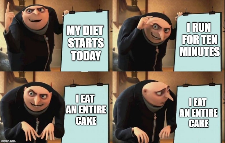 Gru's Plan | I RUN FOR TEN MINUTES; MY DIET STARTS TODAY; I EAT AN ENTIRE CAKE; I EAT AN ENTIRE CAKE | image tagged in despicable me diabolical plan gru template | made w/ Imgflip meme maker
