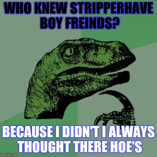 Philosoraptor Meme | WHO KNEW STRIPPERHAVE BOY FREINDS? BECAUSE I DIDN'T I ALWAYS THOUGHT THERE HOE'S | image tagged in memes,philosoraptor | made w/ Imgflip meme maker