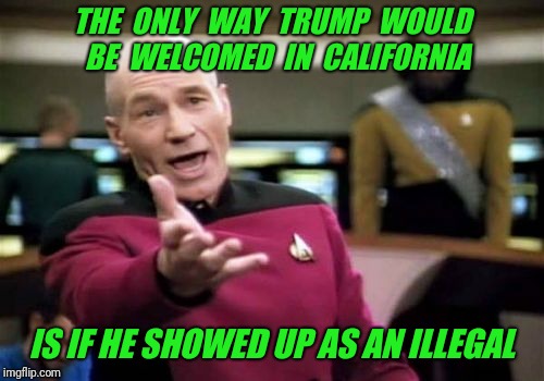 Quote from Dennis Miller | THE  ONLY  WAY  TRUMP  WOULD  BE  WELCOMED  IN  CALIFORNIA; IS IF HE SHOWED UP AS AN ILLEGAL | image tagged in memes,picard wtf,trump,illegal immigration,california | made w/ Imgflip meme maker