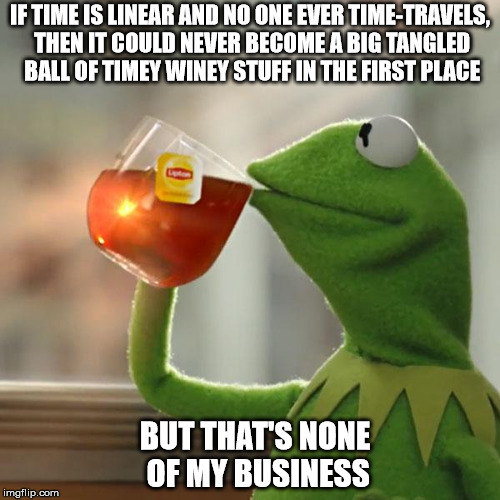 But That's None Of My Business Meme | IF TIME IS LINEAR AND NO ONE EVER TIME-TRAVELS, THEN IT COULD NEVER BECOME A BIG TANGLED BALL OF TIMEY WINEY STUFF IN THE FIRST PLACE; BUT THAT'S NONE OF MY BUSINESS | image tagged in memes,but thats none of my business,kermit the frog | made w/ Imgflip meme maker