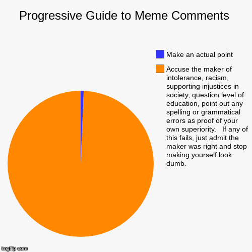 Progressive Guide to Meme Comments | Accuse the maker of intolerance, racism, supporting injustices in society, question level of education, | image tagged in funny,pie charts | made w/ Imgflip chart maker