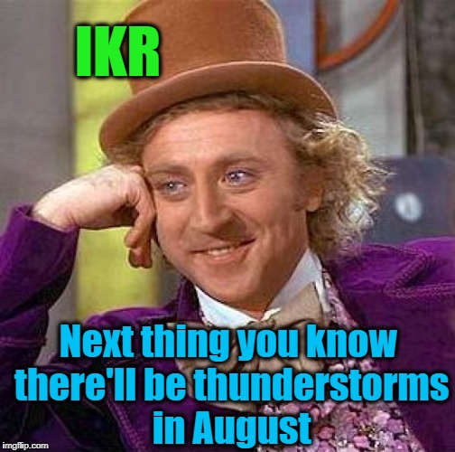 Creepy Condescending Wonka Meme | IKR Next thing you know there'll be thunderstorms in August | image tagged in memes,creepy condescending wonka | made w/ Imgflip meme maker