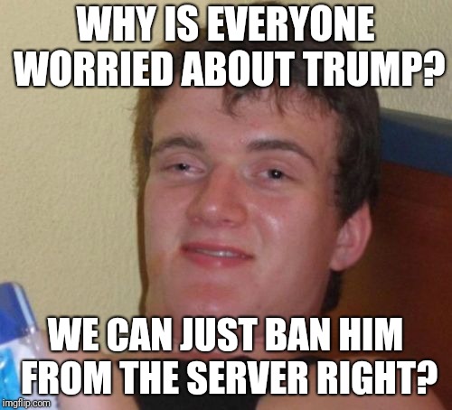 10 Guy Meme | WHY IS EVERYONE WORRIED ABOUT TRUMP? WE CAN JUST BAN HIM FROM THE SERVER RIGHT? | image tagged in memes,10 guy | made w/ Imgflip meme maker
