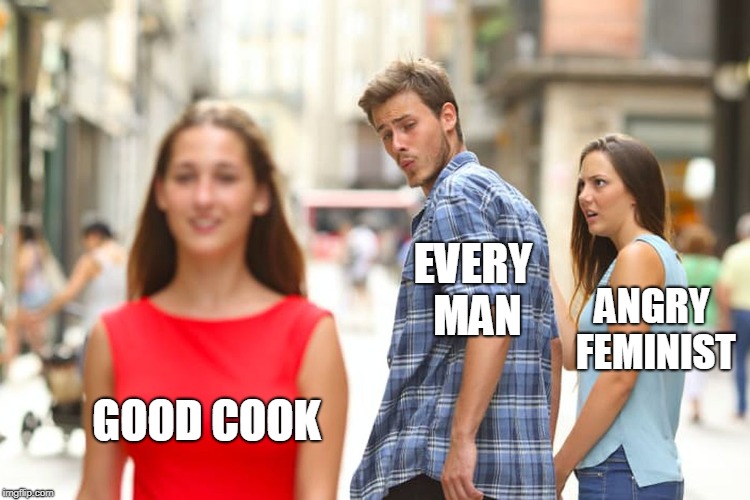 Distracted Boyfriend Meme | GOOD COOK EVERY MAN ANGRY FEMINIST | image tagged in memes,distracted boyfriend | made w/ Imgflip meme maker