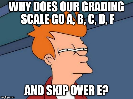 Futurama Fry Meme | WHY DOES OUR GRADING SCALE GO A, B, C, D, F; AND SKIP OVER E? | image tagged in memes,futurama fry | made w/ Imgflip meme maker