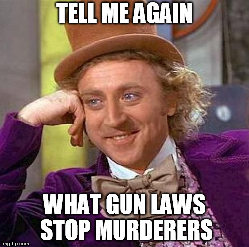 Creepy Condescending Wonka Meme | TELL ME AGAIN; WHAT GUN LAWS STOP MURDERERS | image tagged in memes,creepy condescending wonka | made w/ Imgflip meme maker