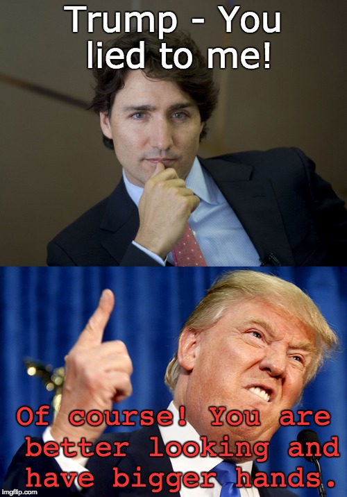 Justin Trudeau versus Lying Trump | Trump - You lied to me! Of course! You are better looking and have bigger hands. | image tagged in justin trudeau,trump,lying trump,lying,small hands,liar | made w/ Imgflip meme maker