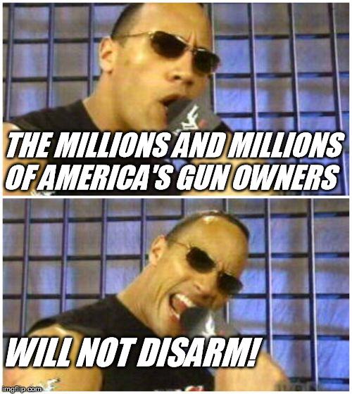 The Rock It Doesn't Matter Meme | THE MILLIONS AND MILLIONS OF AMERICA'S GUN OWNERS; WILL NOT DISARM! | image tagged in memes,the rock it doesnt matter | made w/ Imgflip meme maker