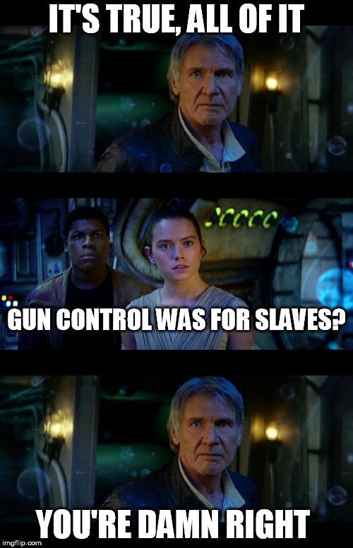 It's True All of It Han Solo Meme | IT'S TRUE, ALL OF IT; GUN CONTROL WAS FOR SLAVES? YOU'RE DAMN RIGHT | image tagged in memes,it's true all of it han solo | made w/ Imgflip meme maker