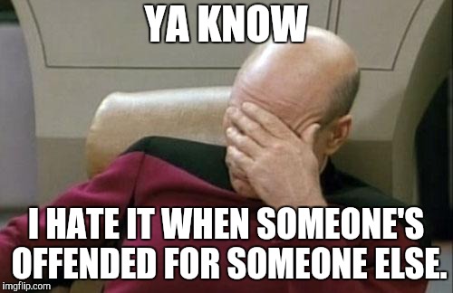 Please stop. | YA KNOW; I HATE IT WHEN SOMEONE'S OFFENDED FOR SOMEONE ELSE. | image tagged in memes,captain picard facepalm | made w/ Imgflip meme maker