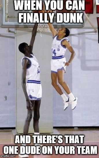 tall short bball | WHEN YOU CAN FINALLY DUNK; AND THERE'S THAT ONE DUDE ON YOUR TEAM | image tagged in tall short bball | made w/ Imgflip meme maker