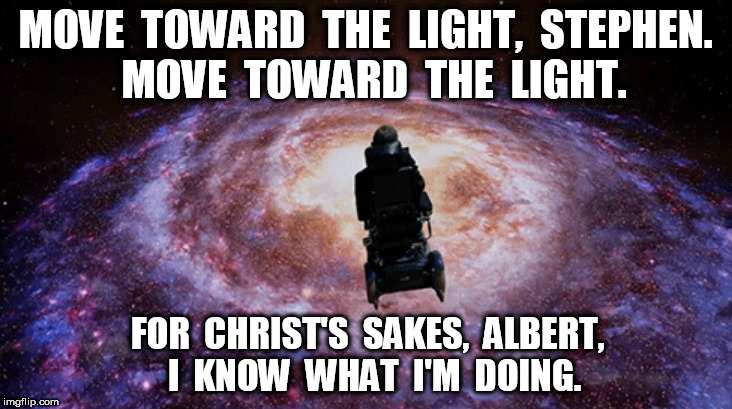 Move Toward The Light, Stephen  | MOVE  TOWARD  THE  LIGHT,  STEPHEN.  MOVE  TOWARD  THE  LIGHT. FOR  CHRIST'S  SAKES,  ALBERT,  I  KNOW  WHAT  I'M  DOING. | image tagged in stephen hawking,albert einstein | made w/ Imgflip meme maker