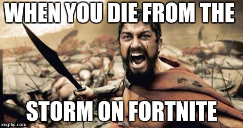 Sparta Leonidas Meme | WHEN YOU DIE FROM THE; STORM ON FORTNITE | image tagged in memes,sparta leonidas | made w/ Imgflip meme maker
