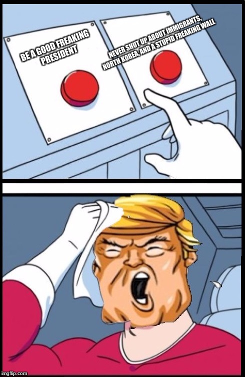 Two Buttons Trump | NEVER SHUT UP ABOUT IMMIGRANTS, NORTH KOREA, AND A STUPID FREAKING WALL; BE A GOOD FREAKING PRESIDENT | image tagged in two buttons trump | made w/ Imgflip meme maker