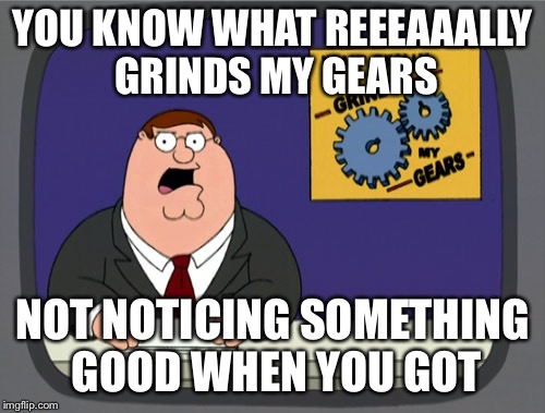 Peter Griffin News Meme | YOU KNOW WHAT REEEAAALLY GRINDS MY GEARS; NOT NOTICING SOMETHING GOOD WHEN YOU GOT | image tagged in memes,peter griffin news | made w/ Imgflip meme maker