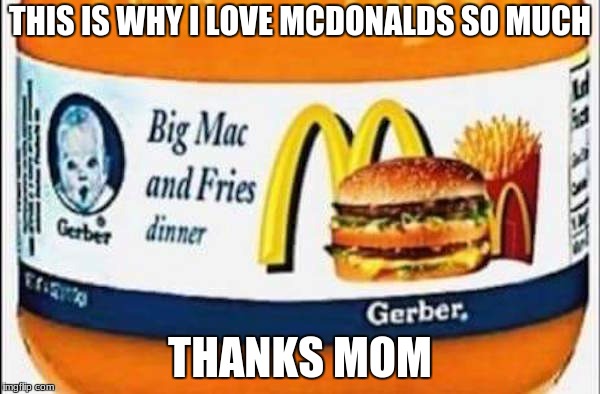 McDonalds Baby Food | THIS IS WHY I LOVE MCDONALDS SO MUCH; THANKS MOM | image tagged in mcdonalds baby food | made w/ Imgflip meme maker