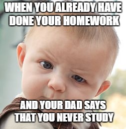 Skeptical Baby Meme | WHEN YOU ALREADY HAVE DONE YOUR HOMEWORK; AND YOUR DAD SAYS THAT YOU NEVER STUDY | image tagged in memes,skeptical baby | made w/ Imgflip meme maker