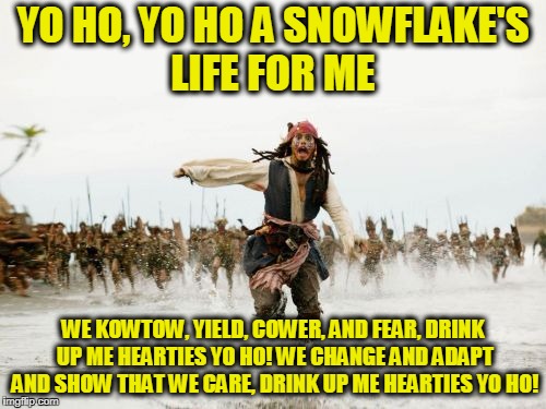 All I said was I wanted to keep the Pirates of the Caribbean ride as it is | YO HO, YO HO A SNOWFLAKE'S LIFE FOR ME; WE KOWTOW, YIELD, COWER, AND FEAR, DRINK UP ME HEARTIES YO HO! WE CHANGE AND ADAPT AND SHOW THAT WE CARE, DRINK UP ME HEARTIES YO HO! | image tagged in memes,jack sparrow being chased | made w/ Imgflip meme maker