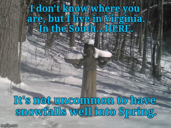 I don't know where you are, but I live in Virginia. In the South...HERE. It's not uncommon to have snowfalls well into Spring. | made w/ Imgflip meme maker