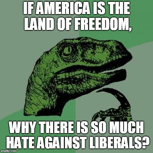 Make America the Land of Freedom  Again! | IF AMERICA IS THE LAND OF FREEDOM, WHY THERE IS SO MUCH HATE AGAINST LIBERALS? | image tagged in memes,philosoraptor,usa,liberals,hate,stupid liberals | made w/ Imgflip meme maker