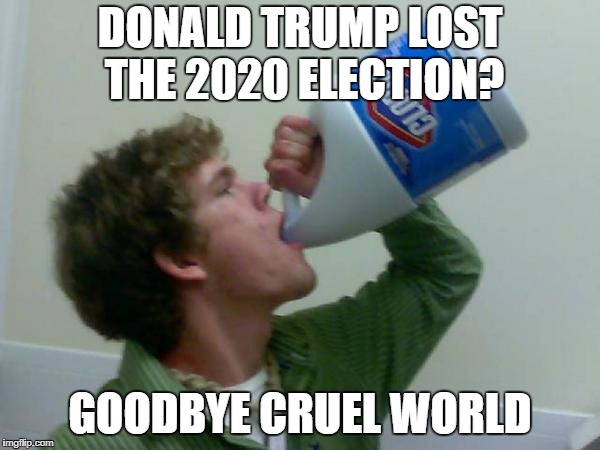 Trump supporters in 2020 be like when a Democratic opponent wins the 2020 election... | DONALD TRUMP LOST THE 2020 ELECTION? GOODBYE CRUEL WORLD | image tagged in drink bleach,donald trump,election 2020,suicide | made w/ Imgflip meme maker