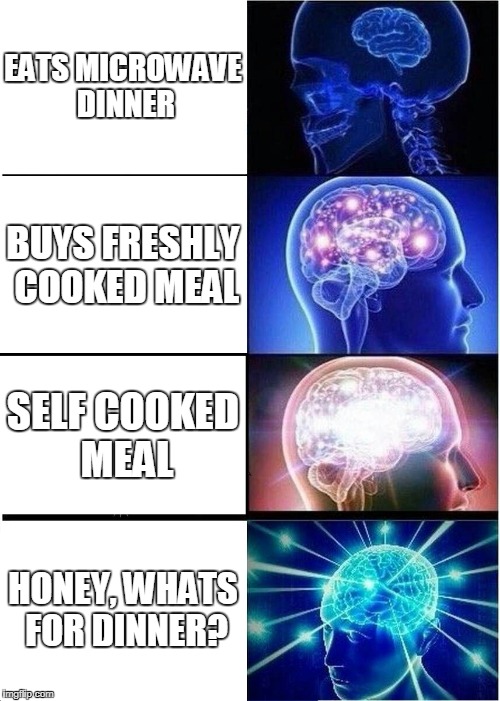 Expanding Brain Meme | EATS MICROWAVE DINNER; BUYS FRESHLY COOKED MEAL; SELF COOKED MEAL; HONEY, WHATS FOR DINNER? | image tagged in memes,expanding brain | made w/ Imgflip meme maker
