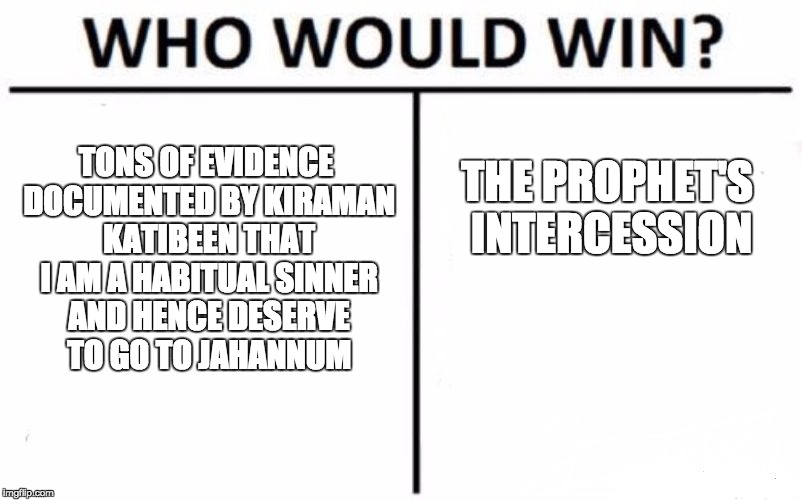 Who Would Win? Meme | TONS OF EVIDENCE DOCUMENTED BY KIRAMAN KATIBEEN THAT I AM A HABITUAL SINNER AND HENCE DESERVE TO GO TO JAHANNUM; THE PROPHET'S INTERCESSION | image tagged in memes,who would win | made w/ Imgflip meme maker